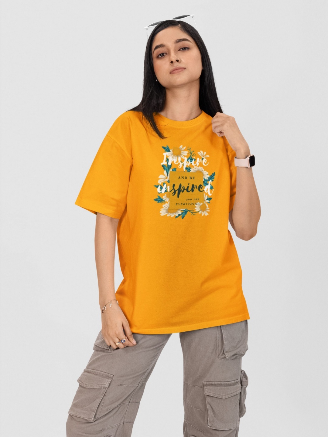 

Moda Rapido Women Printed Drop-Shoulder Sleeves Pockets T-shirt, Yellow