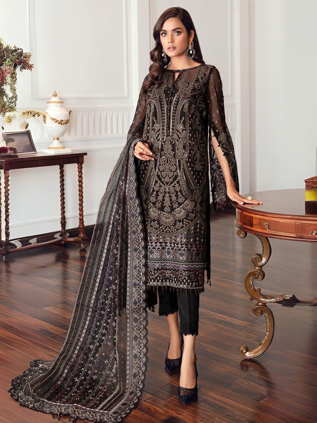 

ODETTE Women Black Georgette Grey Embroidered Semi-Stitched Dress Material