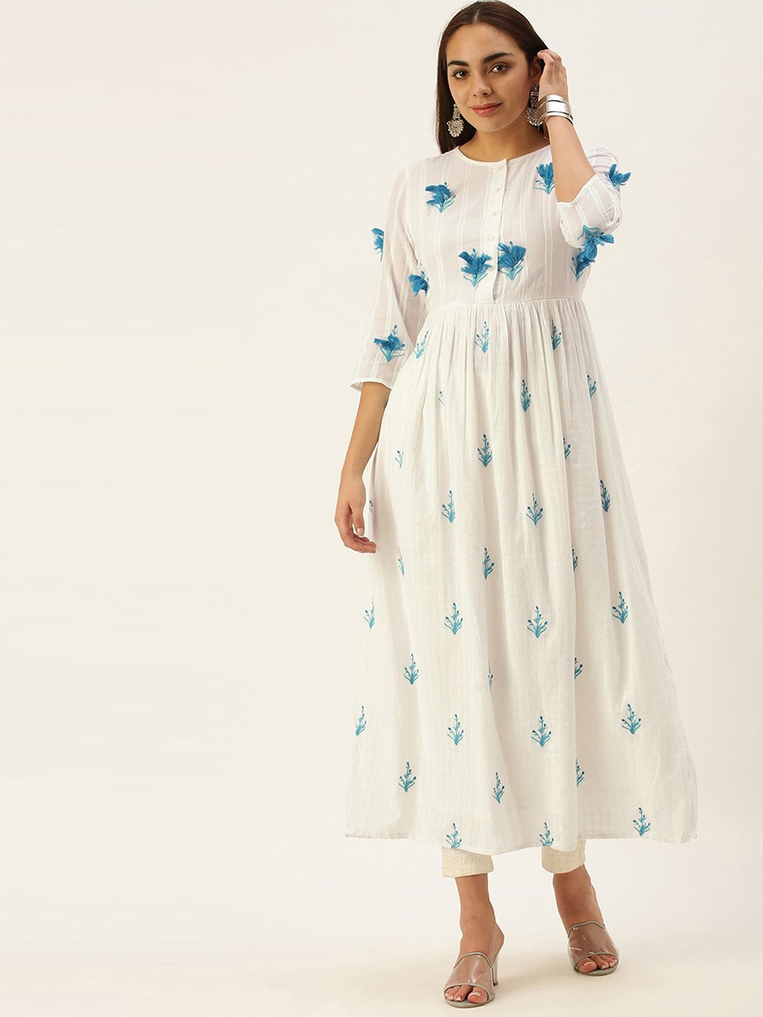 

KALINI Floral Printed Round Neck Empire Thread Work Pure Cotton Anarkali Kurta, White