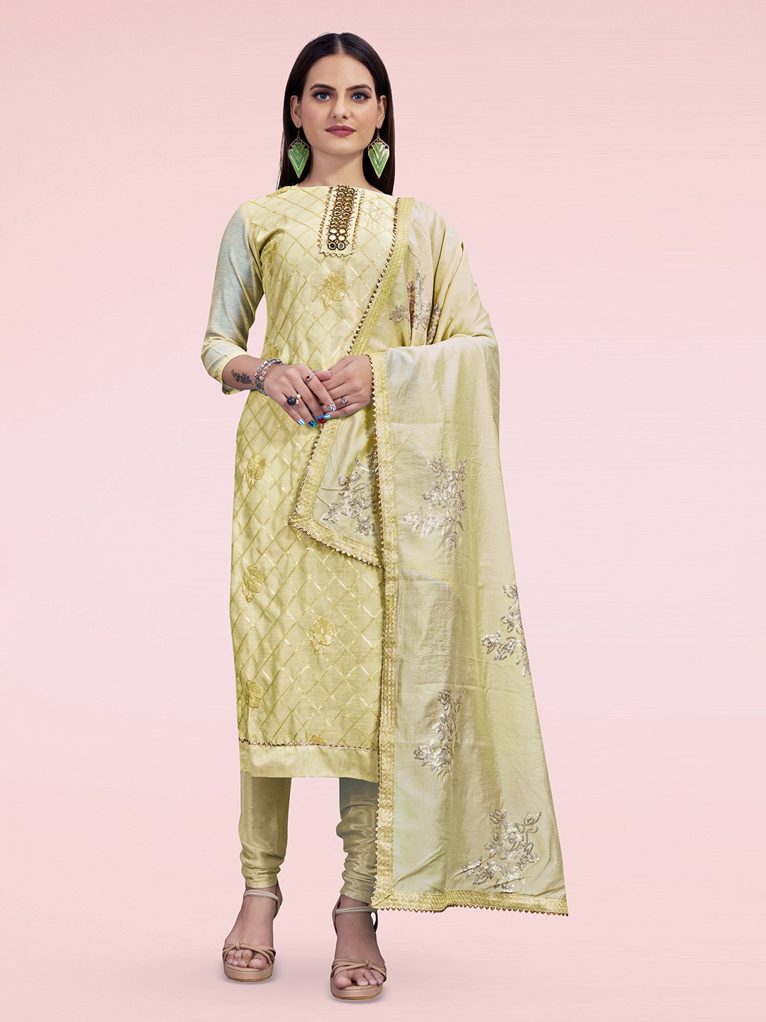 

HERE&NOW Floral Embroidered Sequinned Unstitched Dress Material, Cream