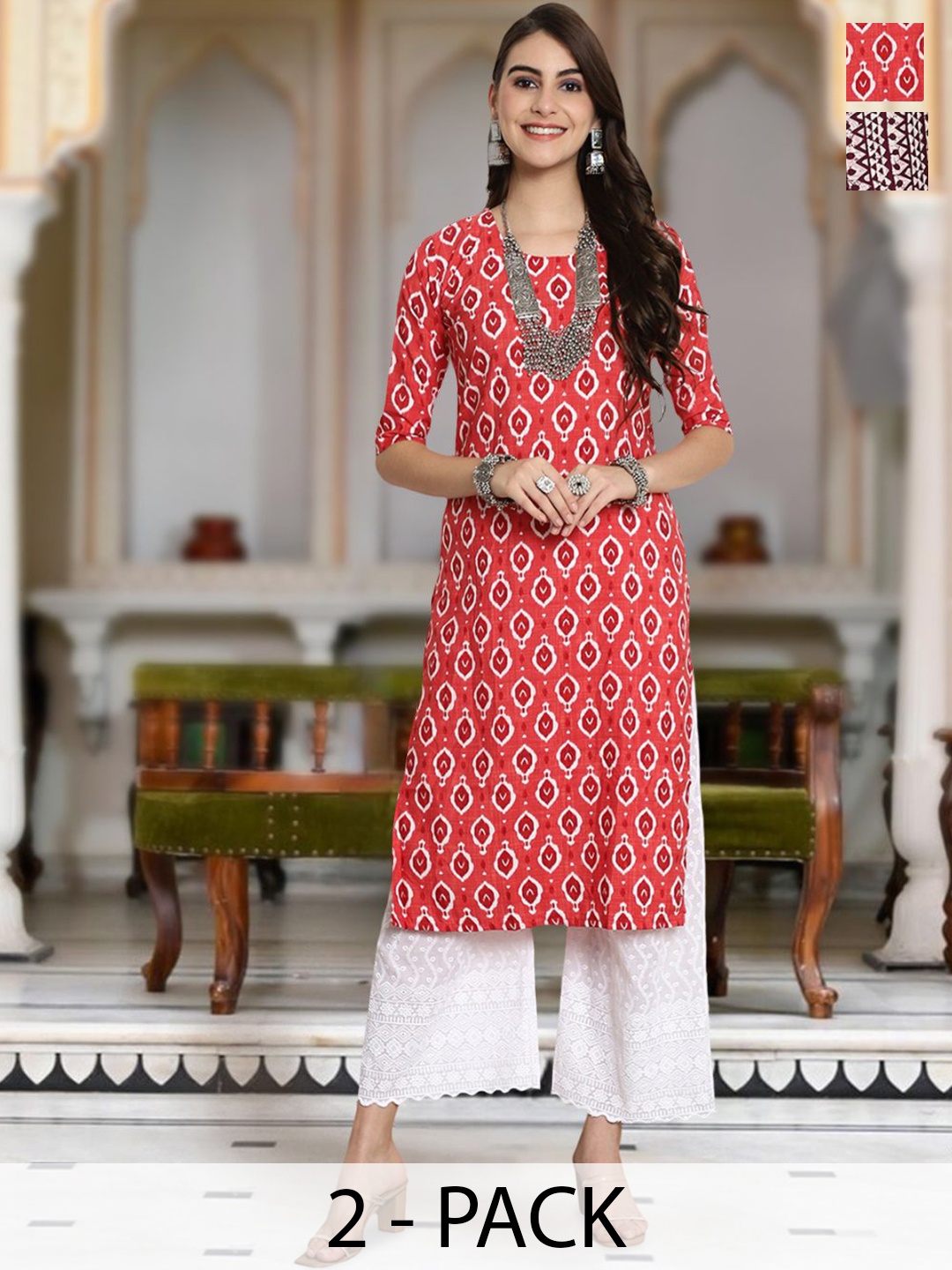 

Moda Rapido Selection Of 2 Geometric Printed Round Neck Straight Kurta, Red