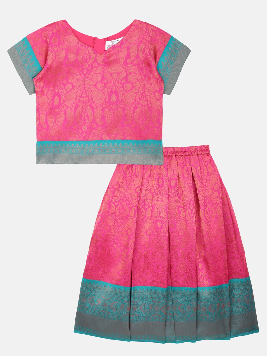

YOUNG BIRDS Girls Ethnic Motifs Printed V-Neck Top With Skirt, Pink
