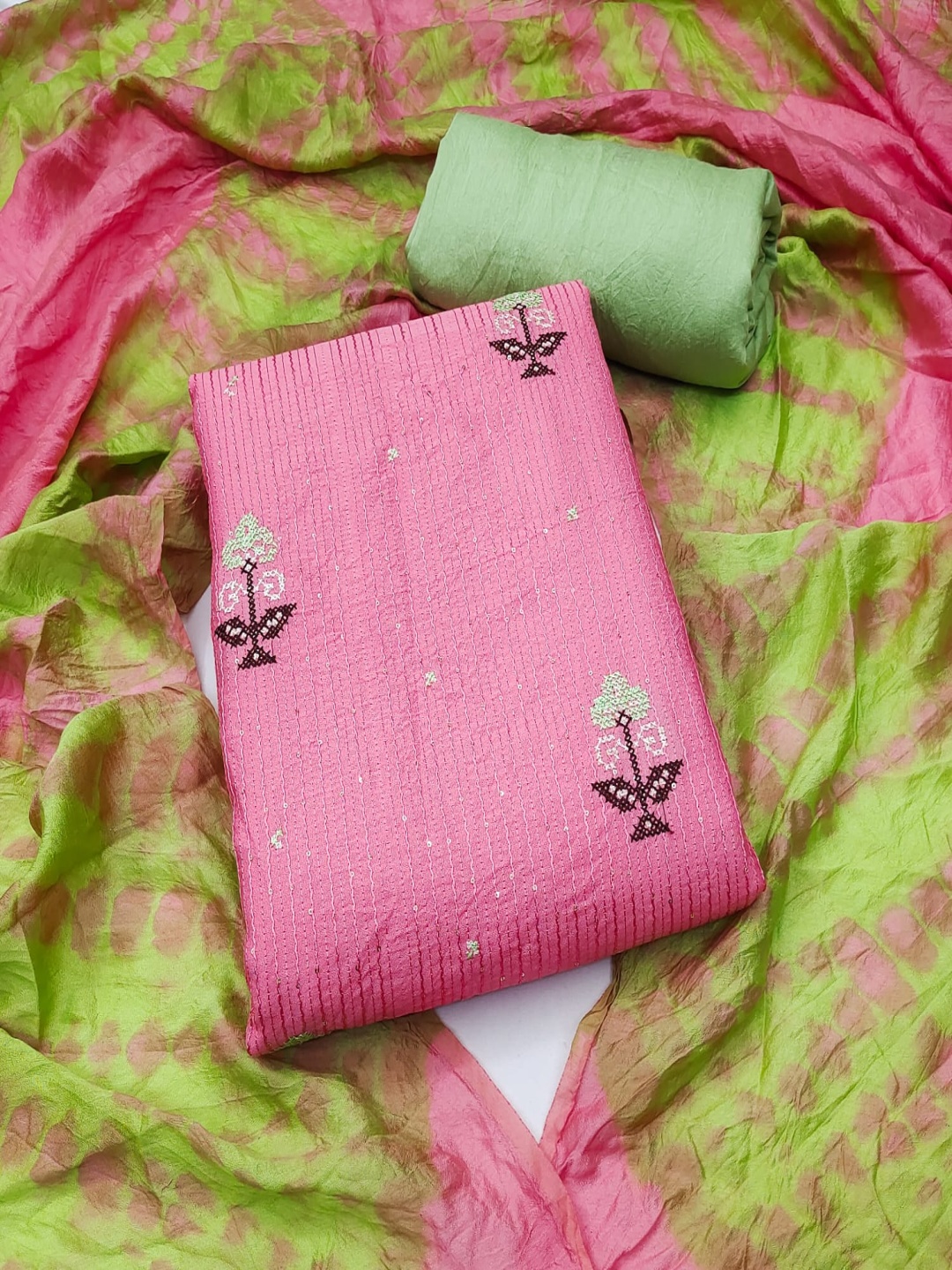 

Rangtulika Ethnics Striped Embroidered Unstitched Dress Material, Pink
