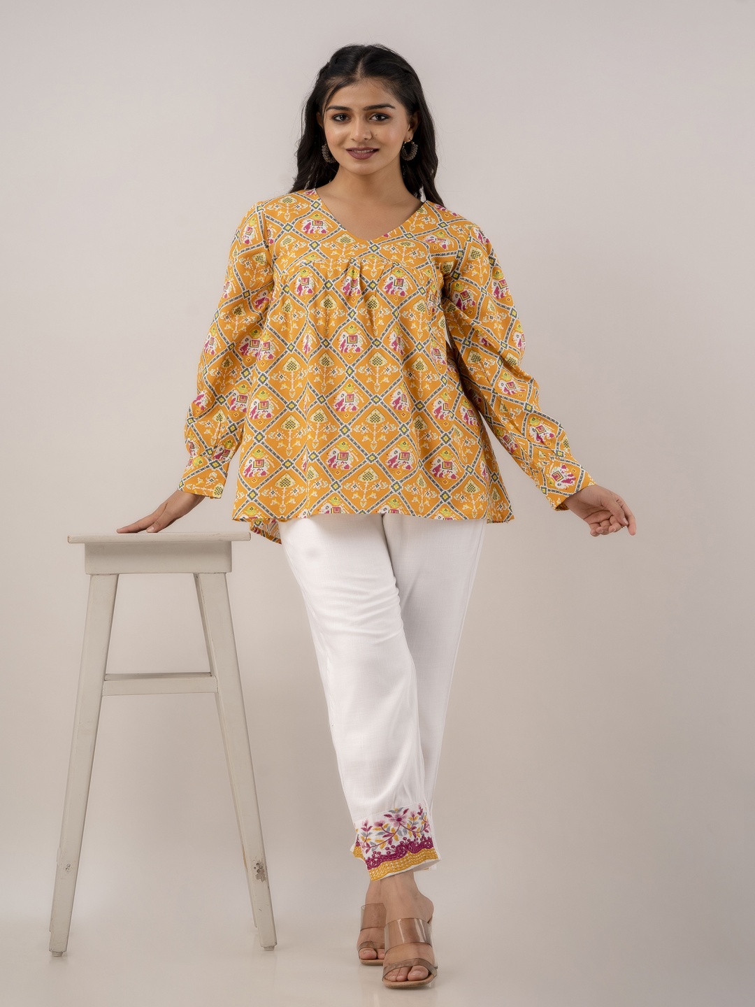 

Shedika Women Floral Printed Pleated Top with Trousers, Mustard