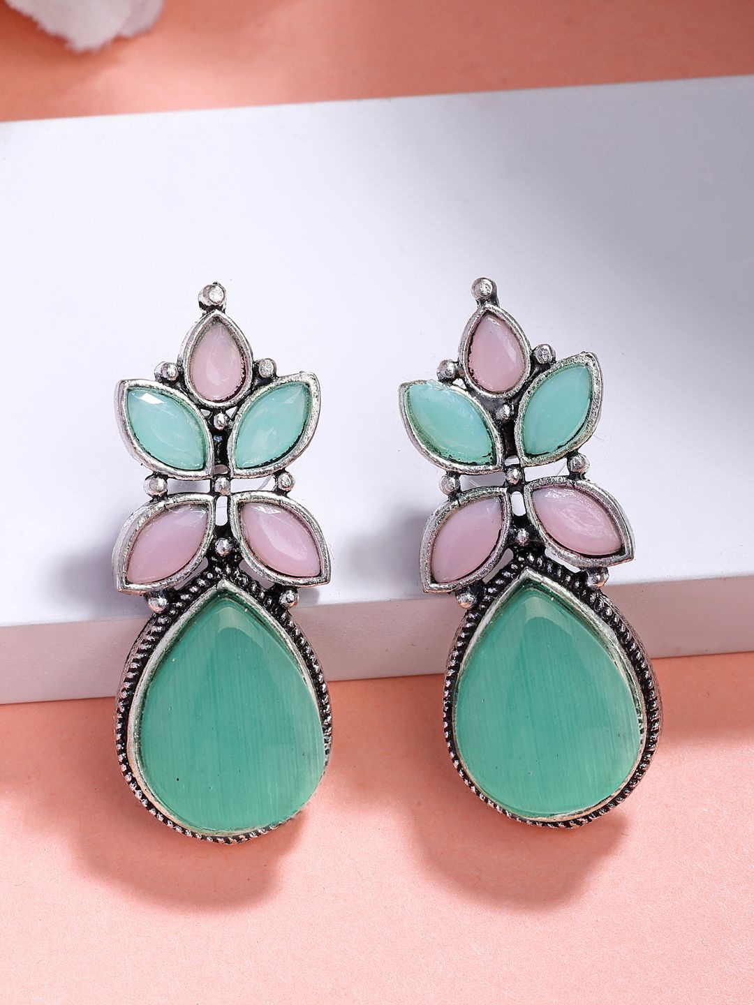 

NVR Silver-Plated Tear-Drop Shape Artificial Stones Oxidised Drop Earrings, Green