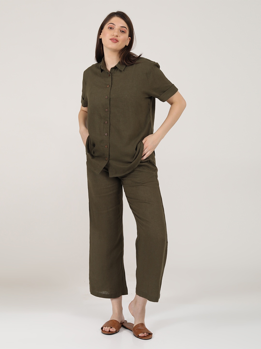 

Saltpetre Linen Short Sleeves Shirt With Trousers Co-Ords, Olive