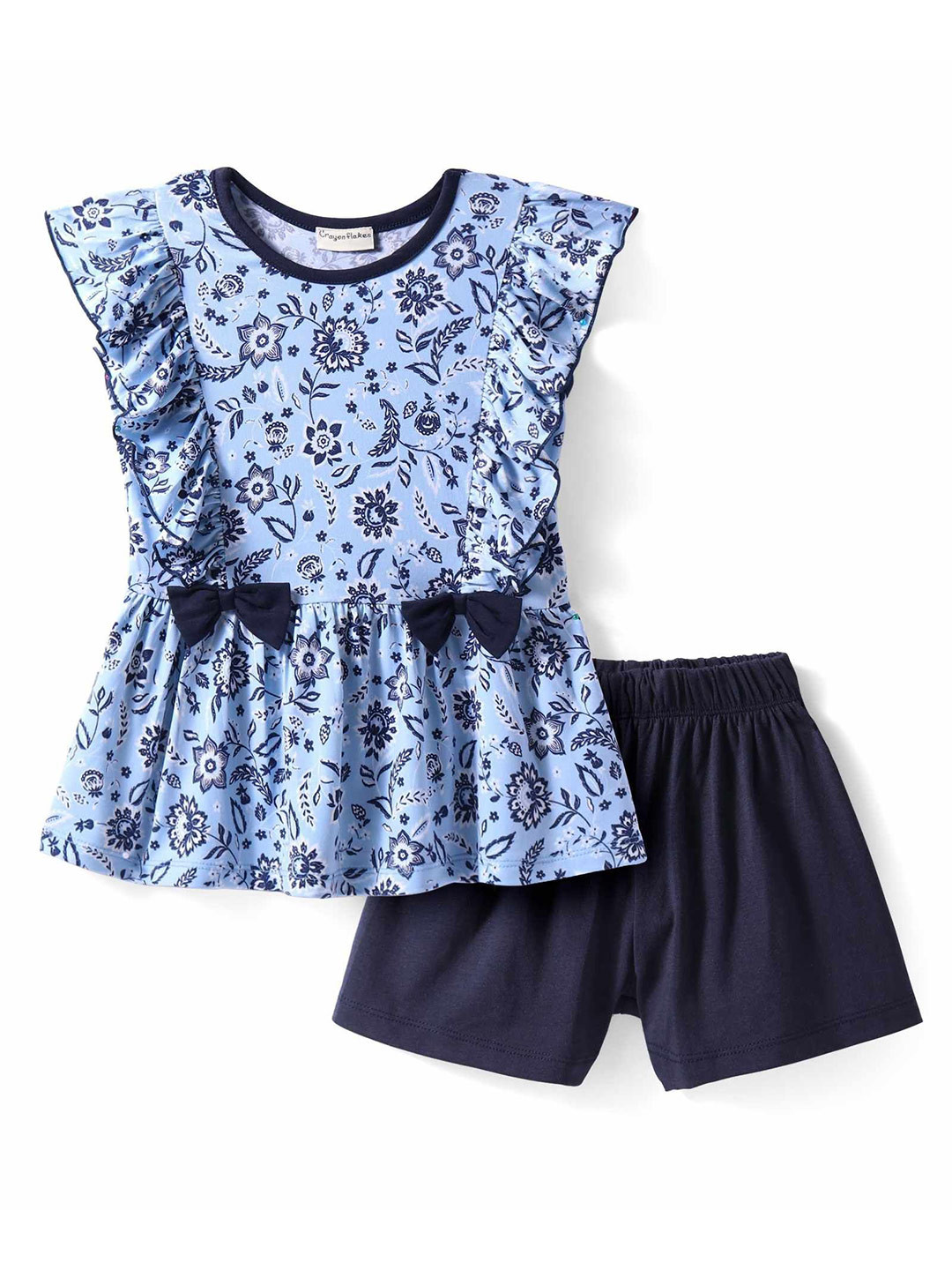 

CrayonFlakes Girls Floral Printed Round Neck Top With Shorts, Blue