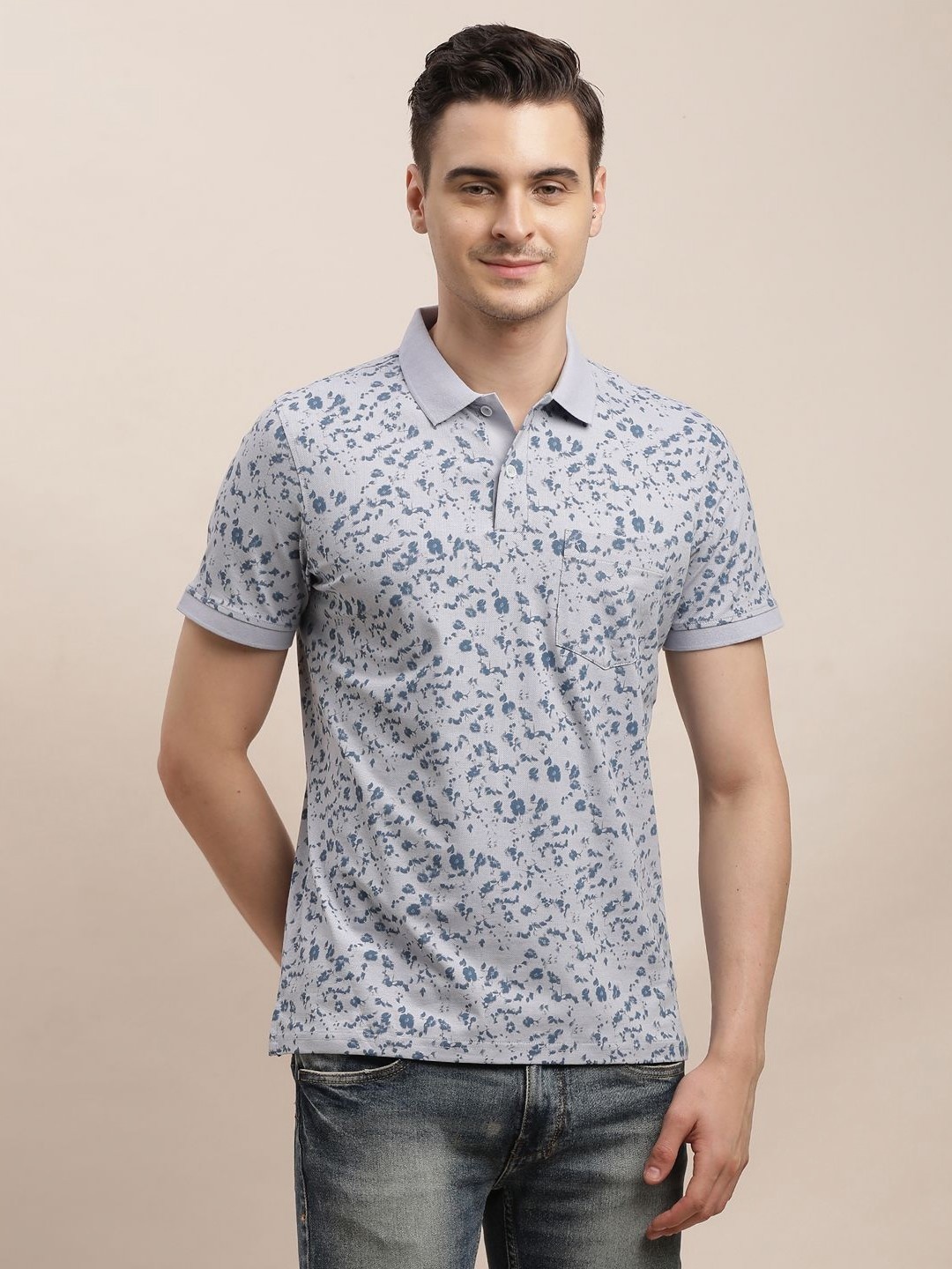 

Turtle Men Printed Polo Collar Pockets Slim Fit T-shirt, Grey