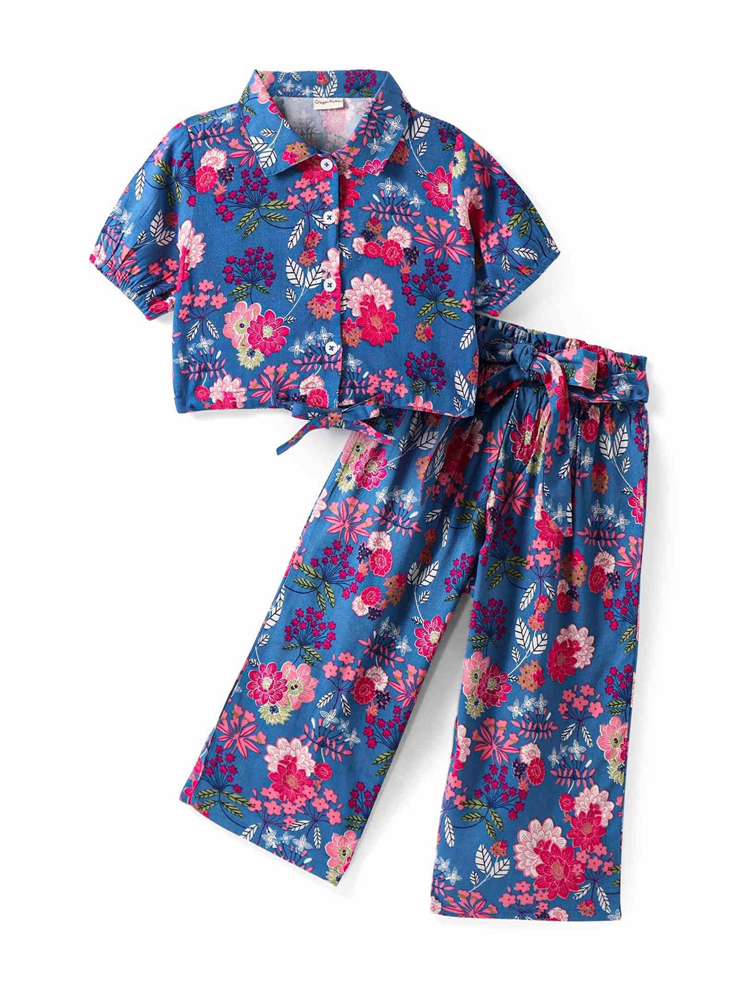 

CrayonFlakes Girls Floral Printed Shirt Collar Shirt & Palazzos, Blue