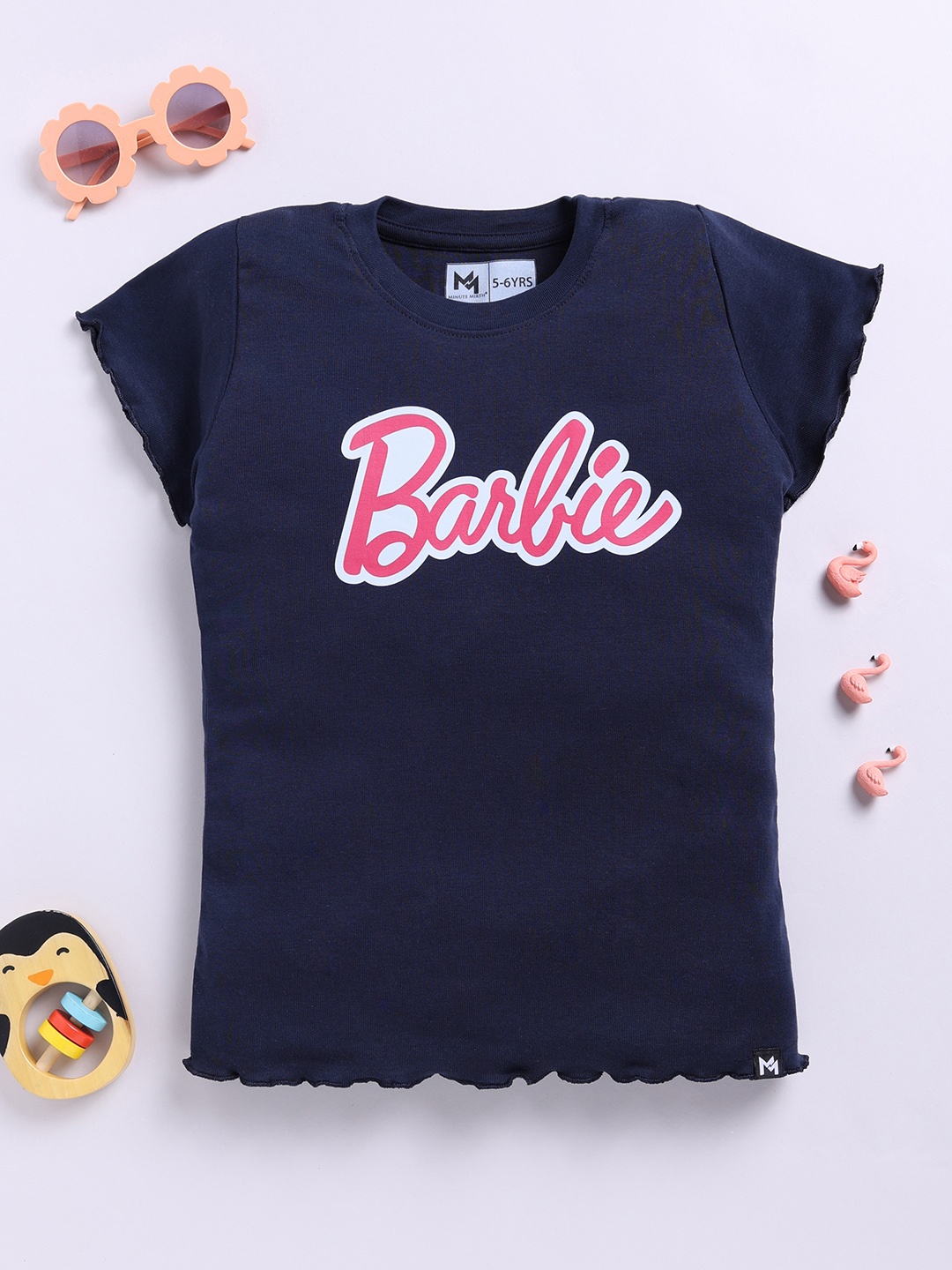 

YK X Minute Mirth Girls Barbie Printed Cotton Top, Navy blue