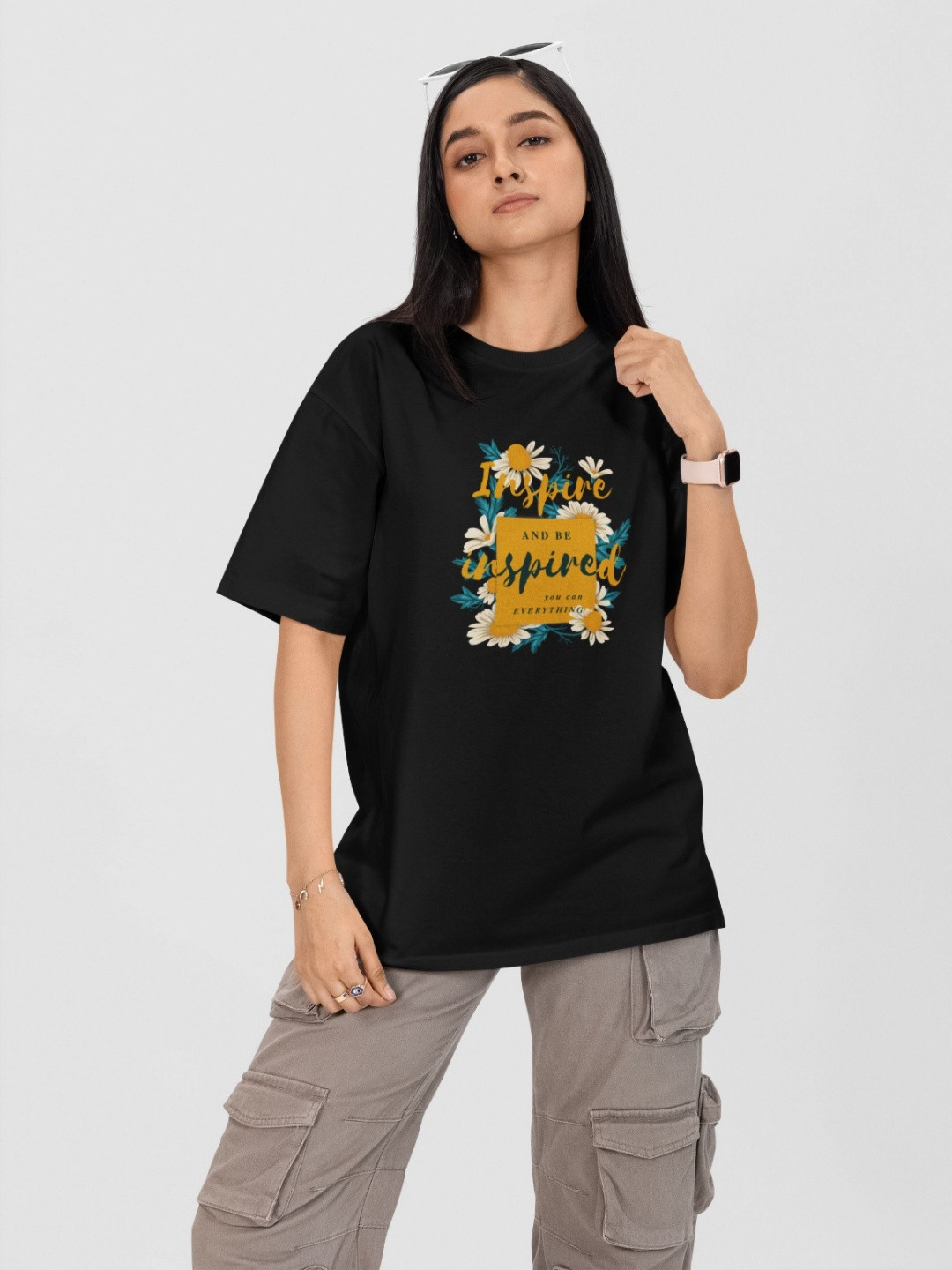 

Moda Rapido Women Printed Drop-Shoulder Sleeves Applique T-shirt, Black