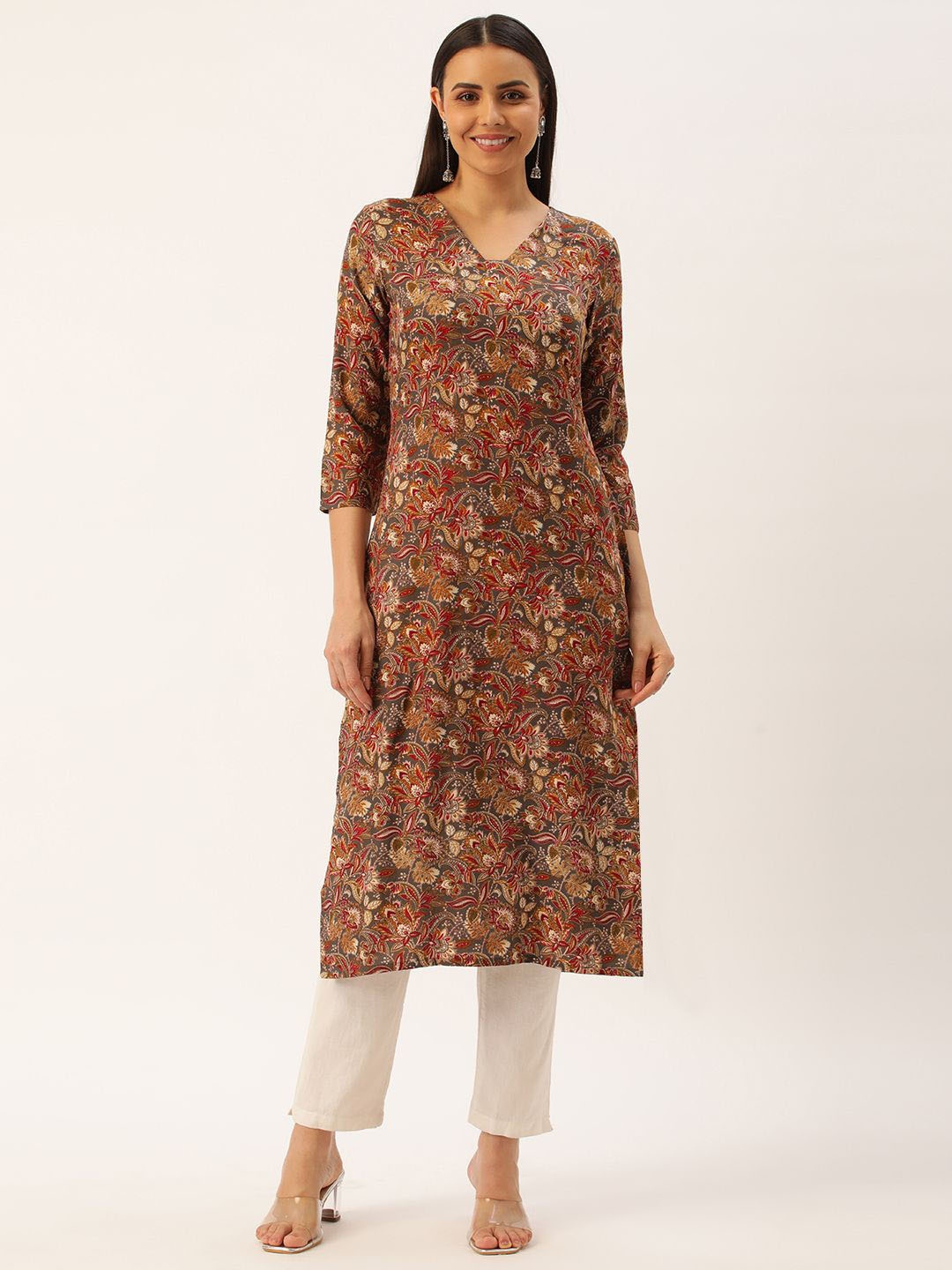 

KALINI Floral Printed V-Neck Straight Kurta, Brown