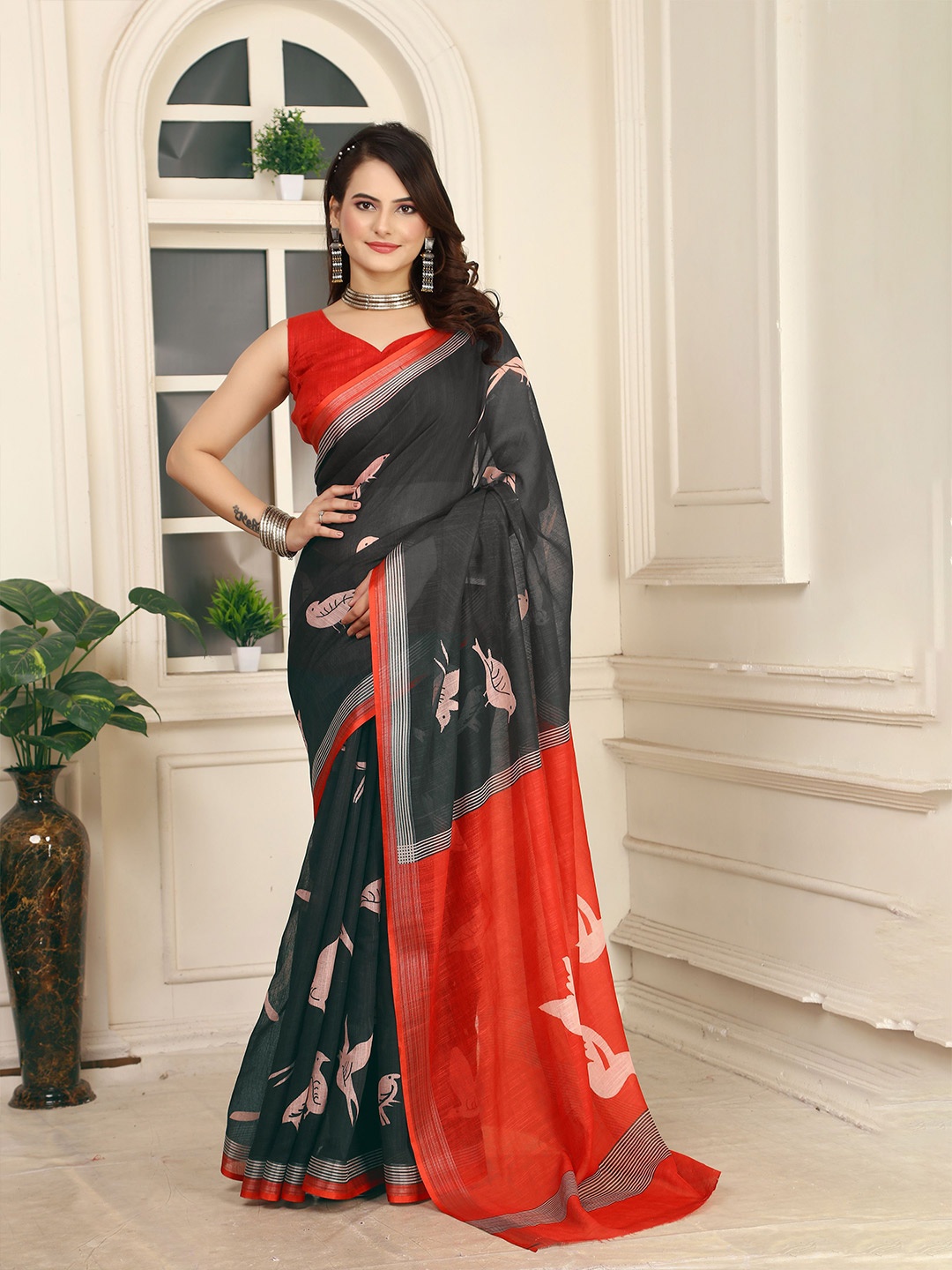 

Anouk Ethnic Motifs Linen Blend Saree, Black