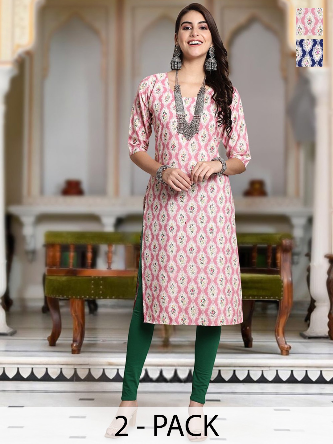 

Moda Rapido Selection Of 2 Floral Printed Round Neck Straight Kurtas, Pink