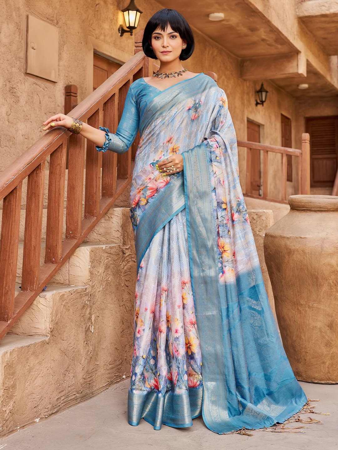 

Sanu Silk Floral Zari Silk Blend Tussar Saree, Blue
