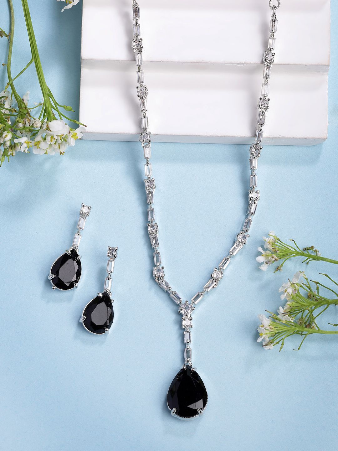 

NVR Women Silver-Plated American Diamond-Studded Jewellery Set