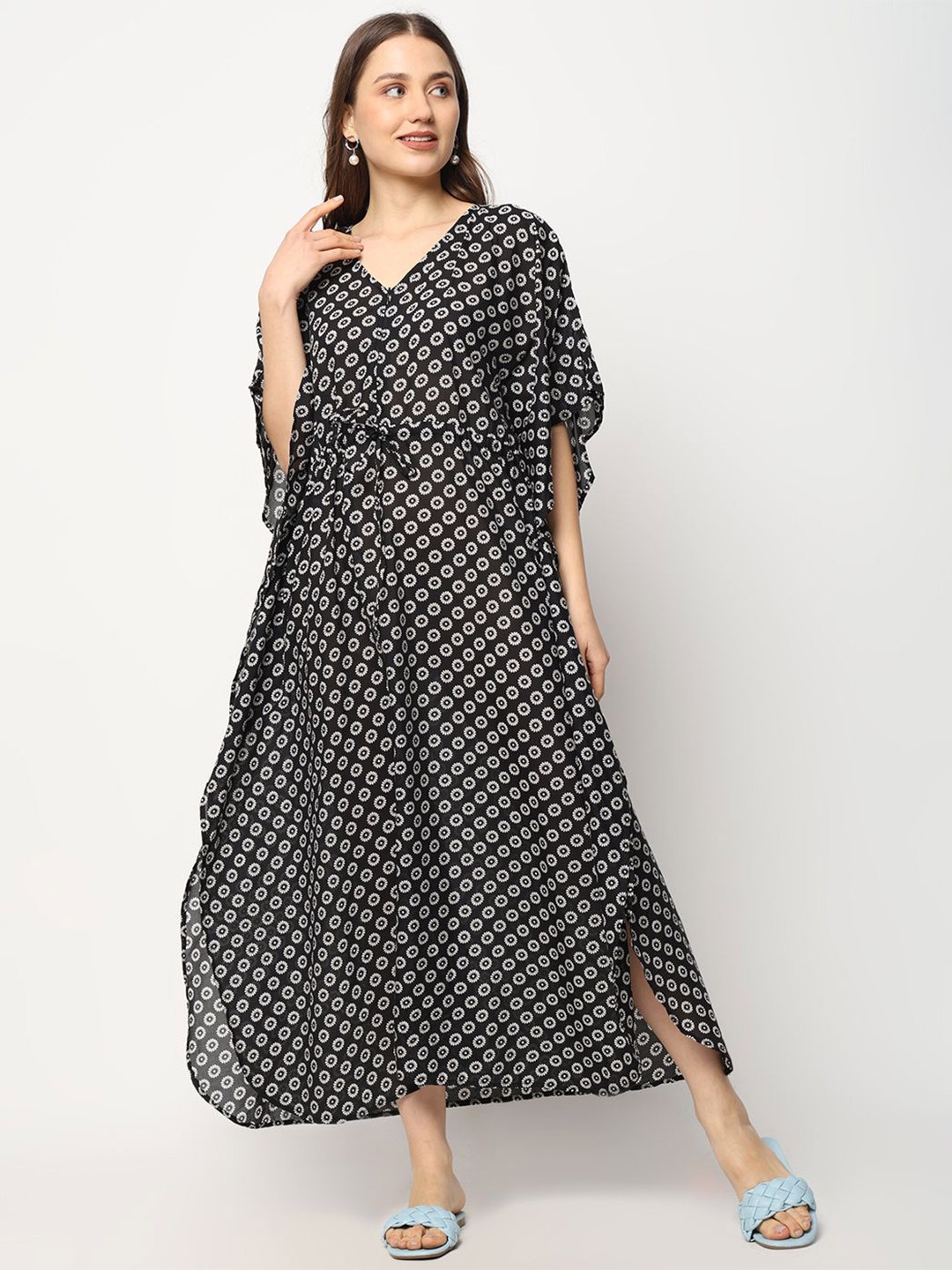 

CRAFTBAZAR Floral Print Slit Sleeve Maternity Kaftan Maxi Dress, Black