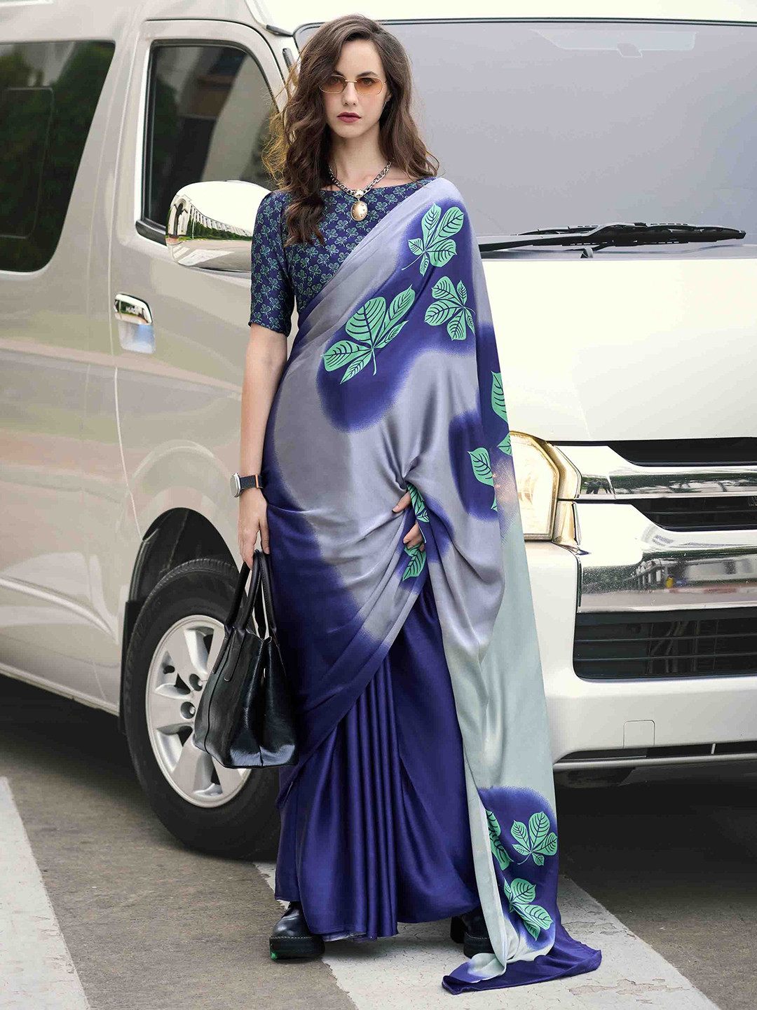 

KIMISHA Floral Satin Saree, Navy blue