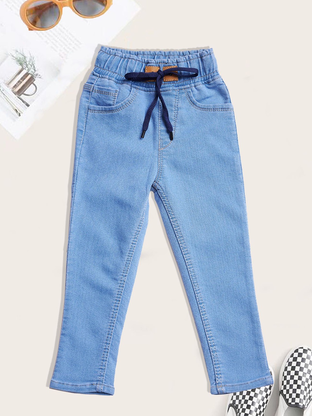

YK Girls Jogger High-Rise Light Fade Embroidered Jeans, Turquoise blue