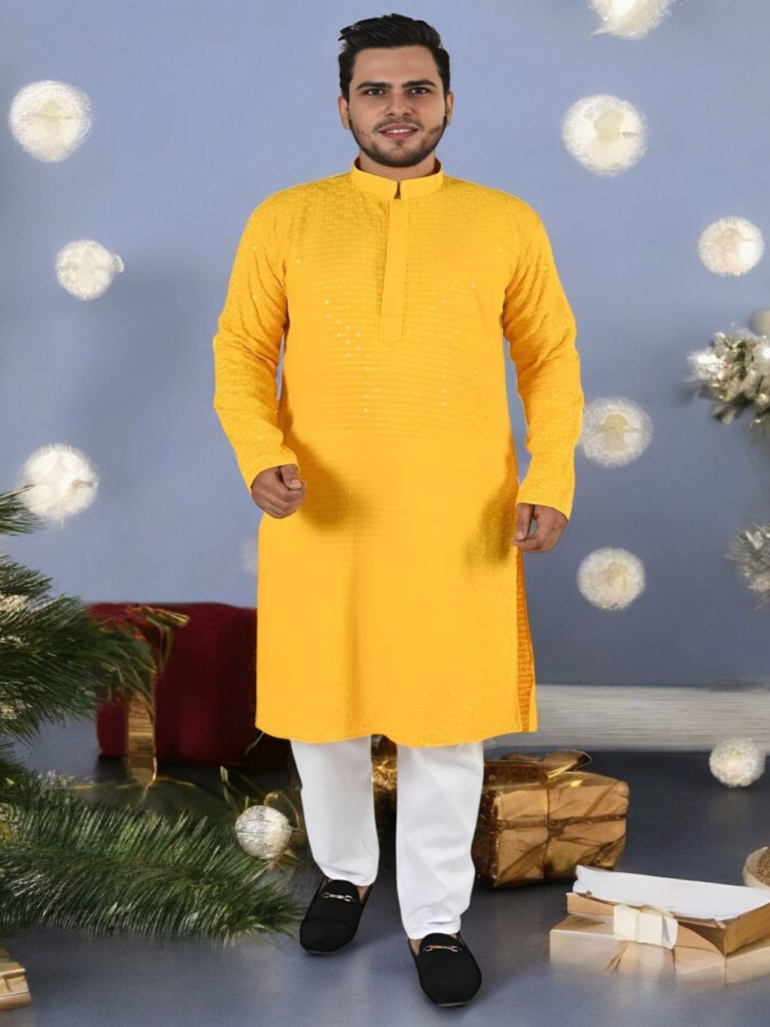 

Atly Men Embroidered Regular Sequinned Kurta with Pyjamas, Yellow