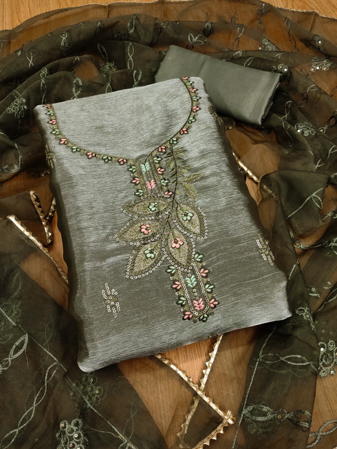 

Panzora Ethnic Motifs Embroidered Sequinned Unstitched Dress Material, Green