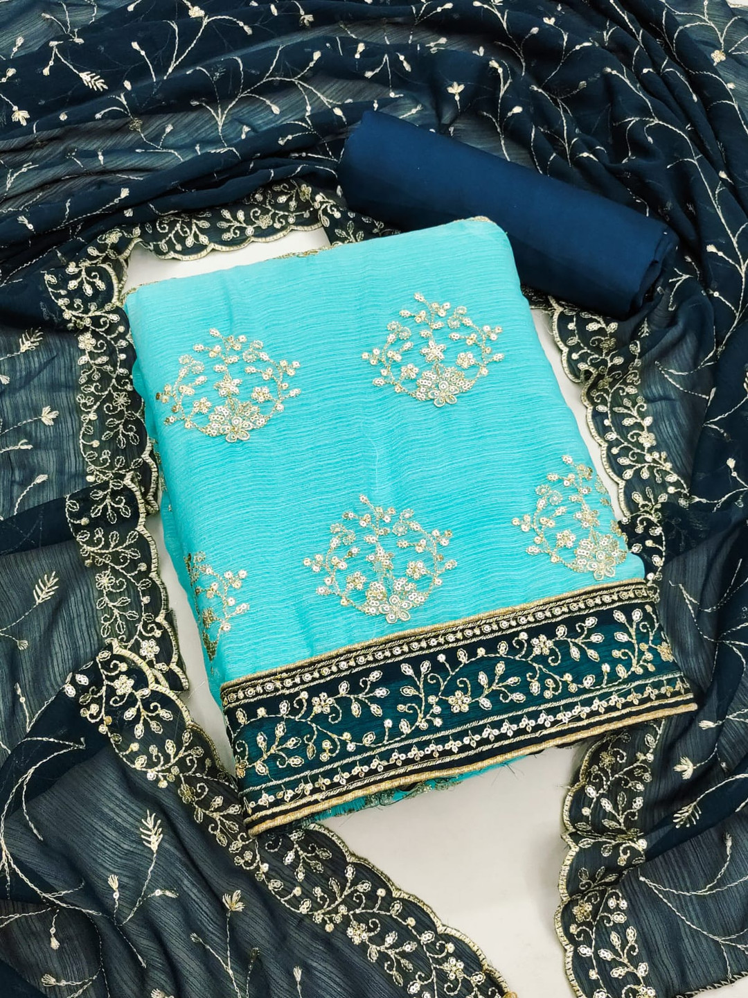 

SWARNGANGA TEX Floral Embroidered Sequinned Georgette Unstitched Dress Material, Blue