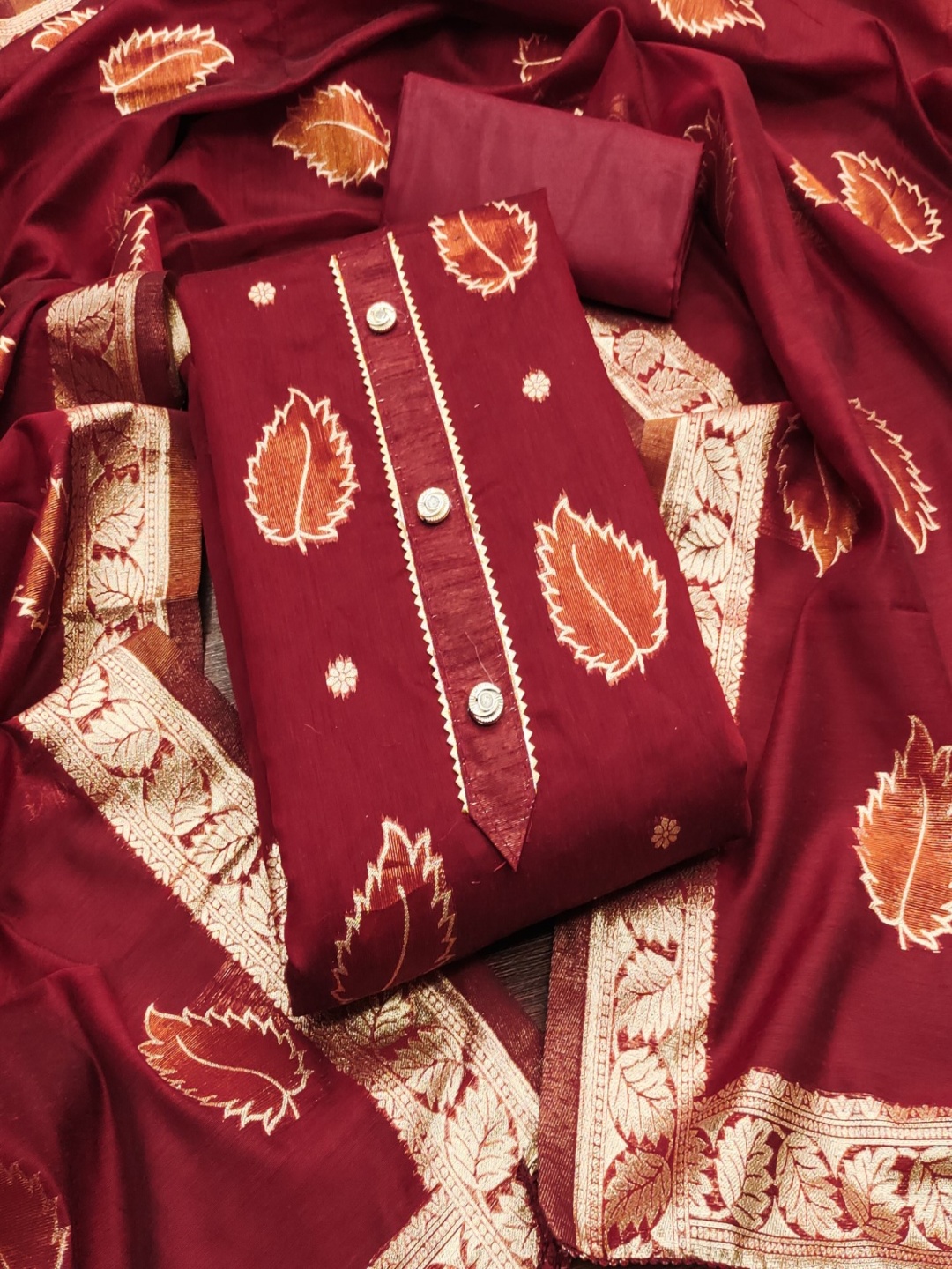 

KALINI Floral Woven Design Jacquard Unstitched Dress Material, Maroon