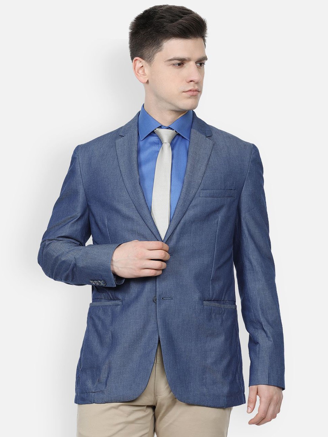 

Van Heusen Textured Cotton Slim Fit Notched Collar Single Breasted Formal Blazer, Blue