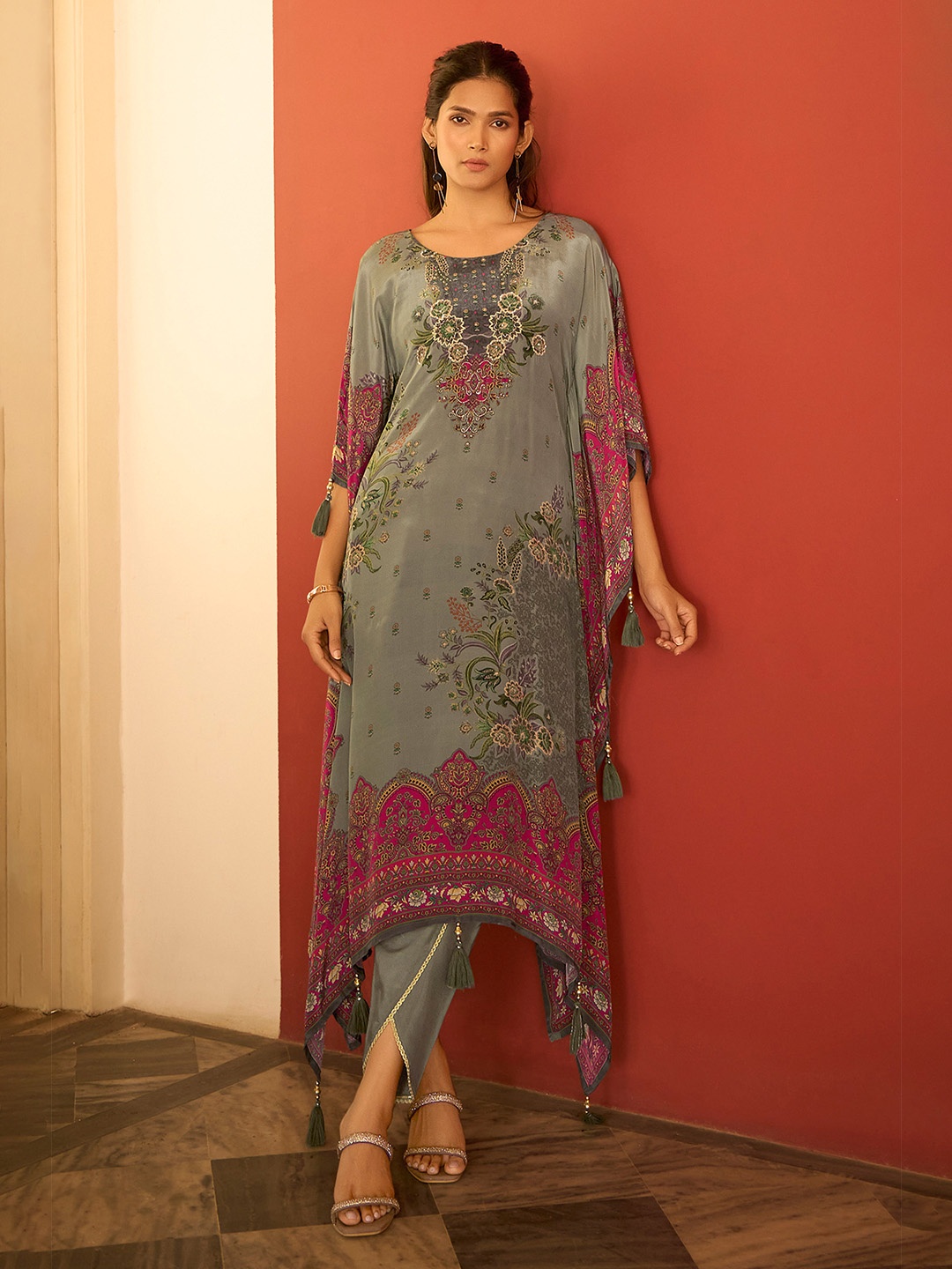 

Anouk Ethnic Motifs Printed Thread Work Pure Silk Kurta With Dhoti Pant, Metallic