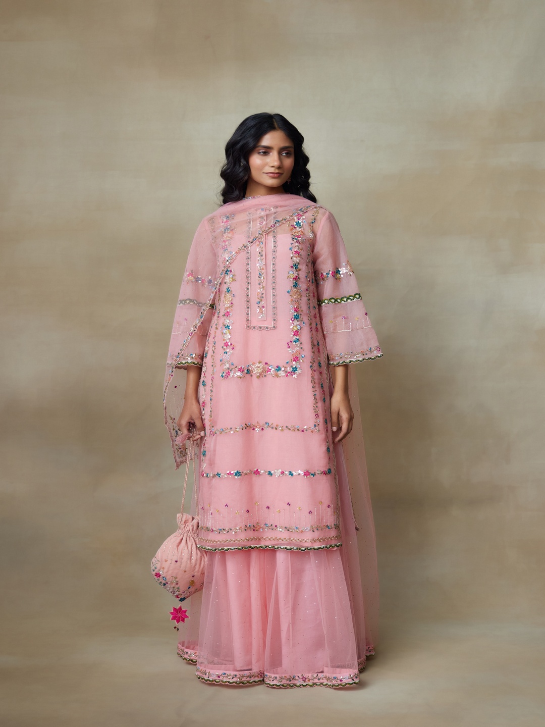 

SHASHA GABA Women Ethnic Motifs Embroidered Regular Sequinned Kurta with Sharara & With Dupatta, Pink