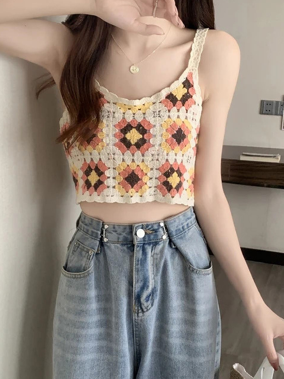 

YLCOMPANY Geometric Print Crop Top, Yellow