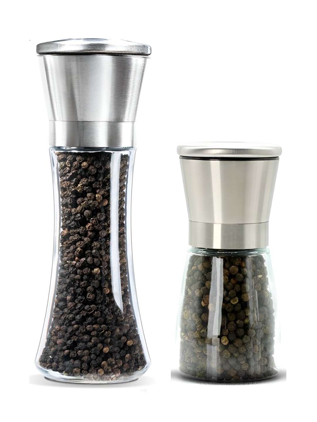 

Baskety Transparent & Silver Toned 2 Pieces Stainless Steel Pepper Mill Grinder Shakers