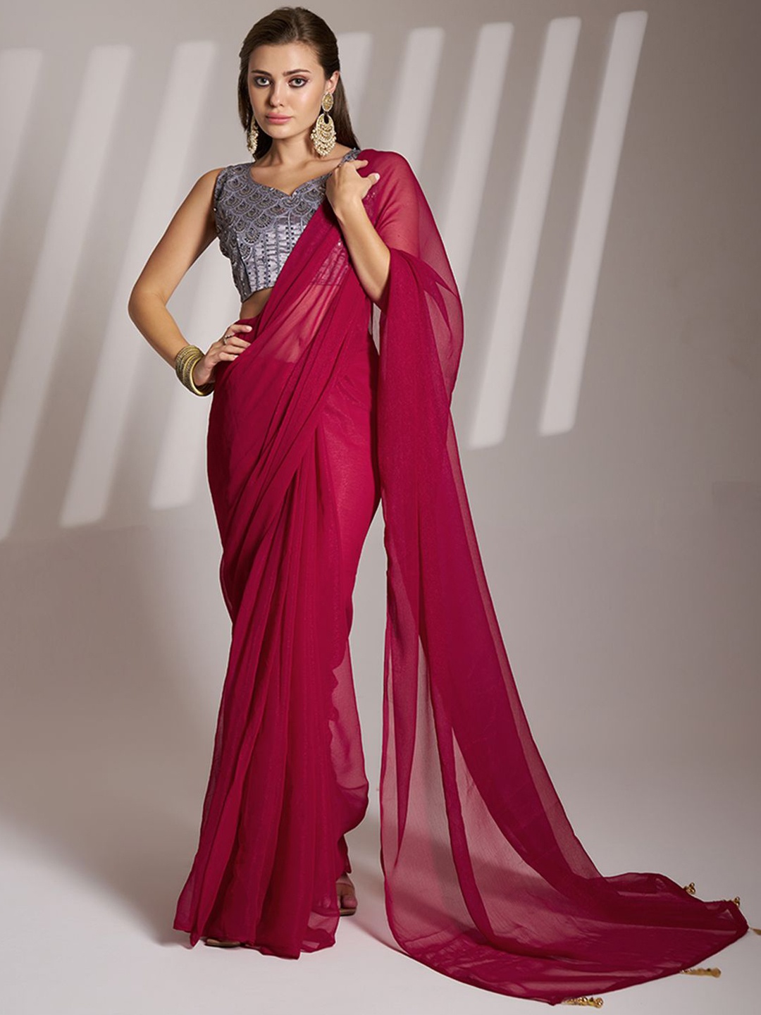 

Kalista Schiffli Pure Chiffon Ready to Wear Saree, Maroon