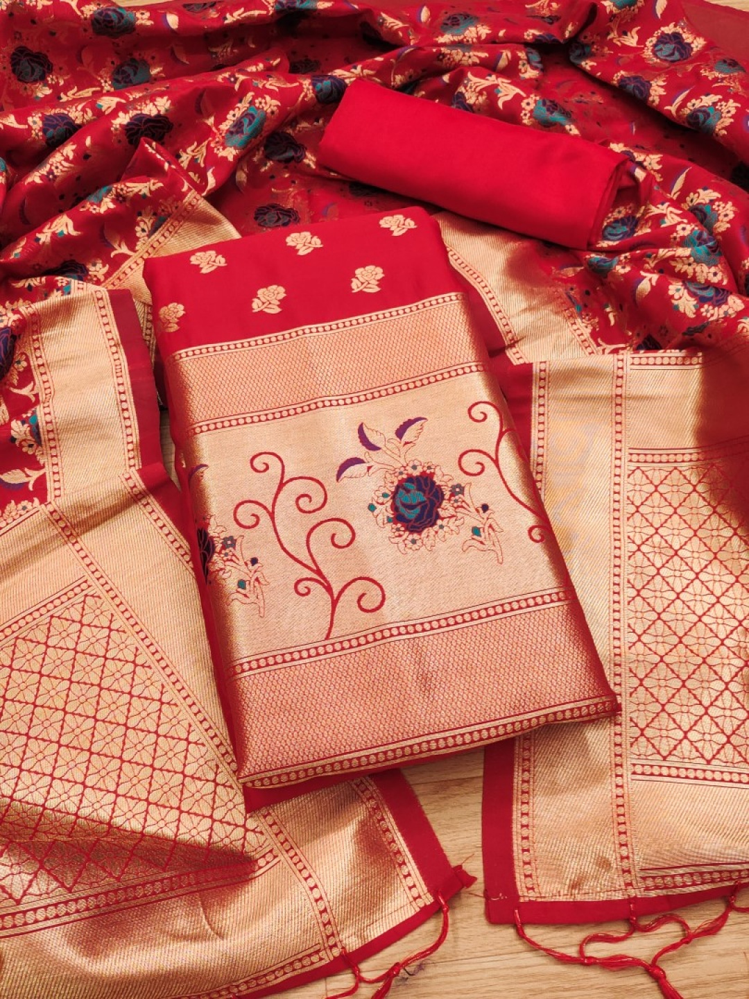 

Rangtulika Ethnics Floral Woven Design Banarasi Silk Unstitched Dress Material, Red
