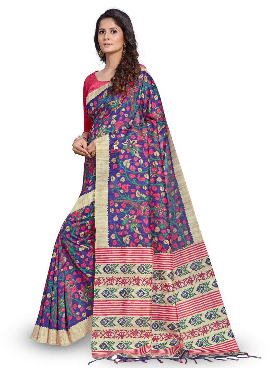 

Mitera Kalamkari Silk Blend Block Print Saree, Blue