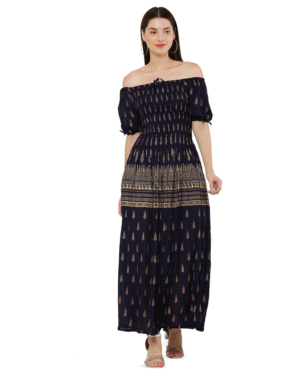 

YLCOMPANY Ethnic Motifs Print Off-Shoulder Maxi Dress, Multi