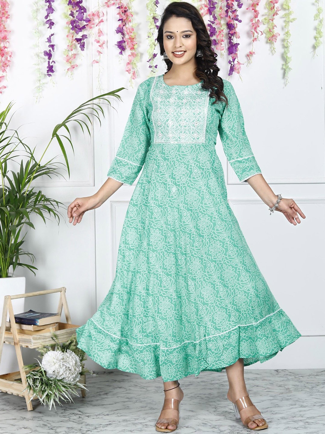 

ASANSHI Floral Printed Round Neck A-Line Ethnic Dresses, Turquoise blue