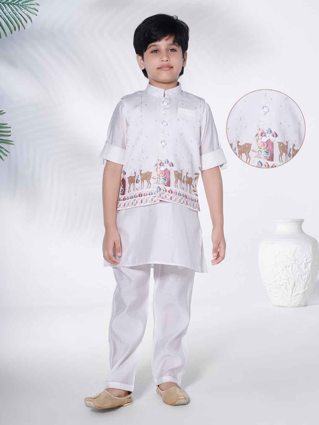 

Ministitch Boys Embroidered Regular Thread Work Pure Cotton Kurta with Pyjamas, White