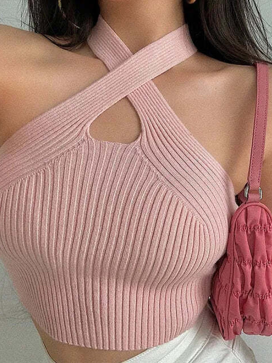 

YLCOMPANY Striped Halter Neck Top, Pink