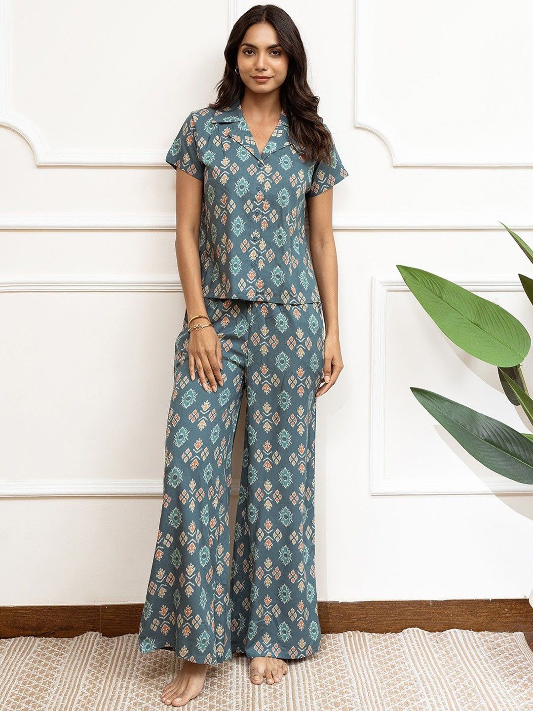 

PIMU Ethnic Motifs Printed Shirt With Trouser Co -Ords, Blue