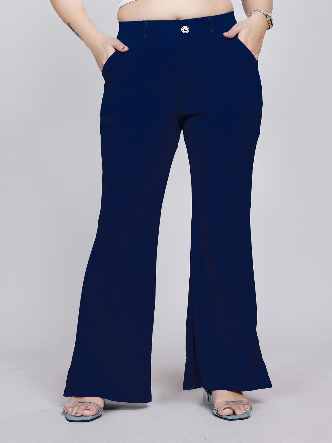 

NU CLOTHS Women Relaxed Straight Leg High-Rise Trousers, Navy blue