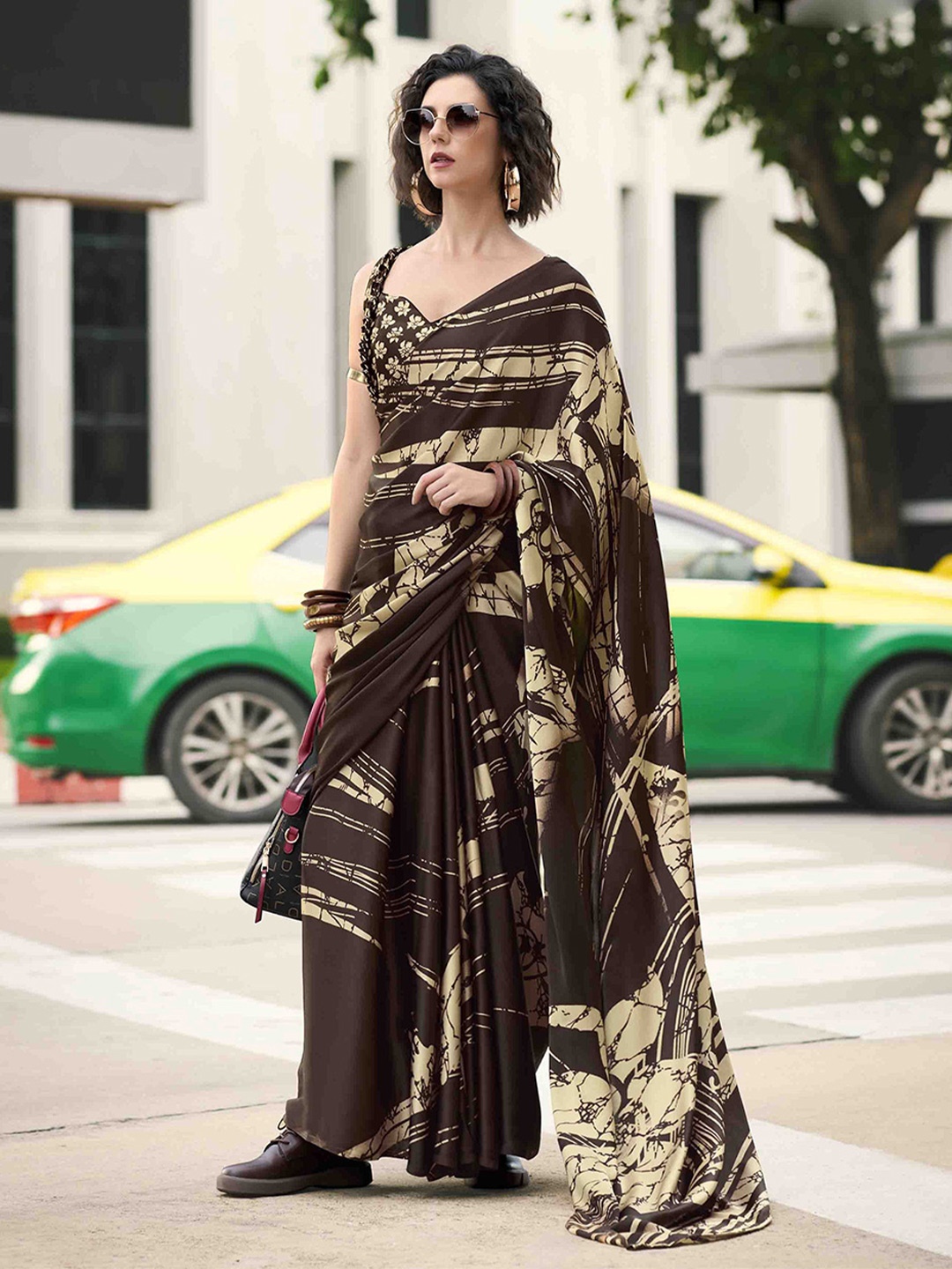 

KIMISHA Floral Satin Saree, Coffee brown