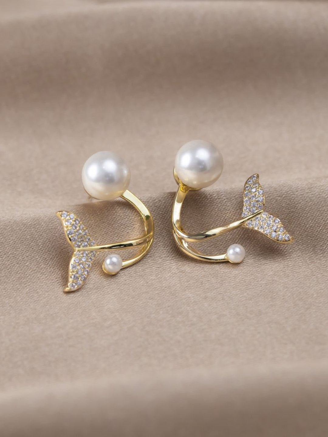 

styledose Korean Sterling Silver Stone & Pearls Studded Mermaid Shape Studs, Gold