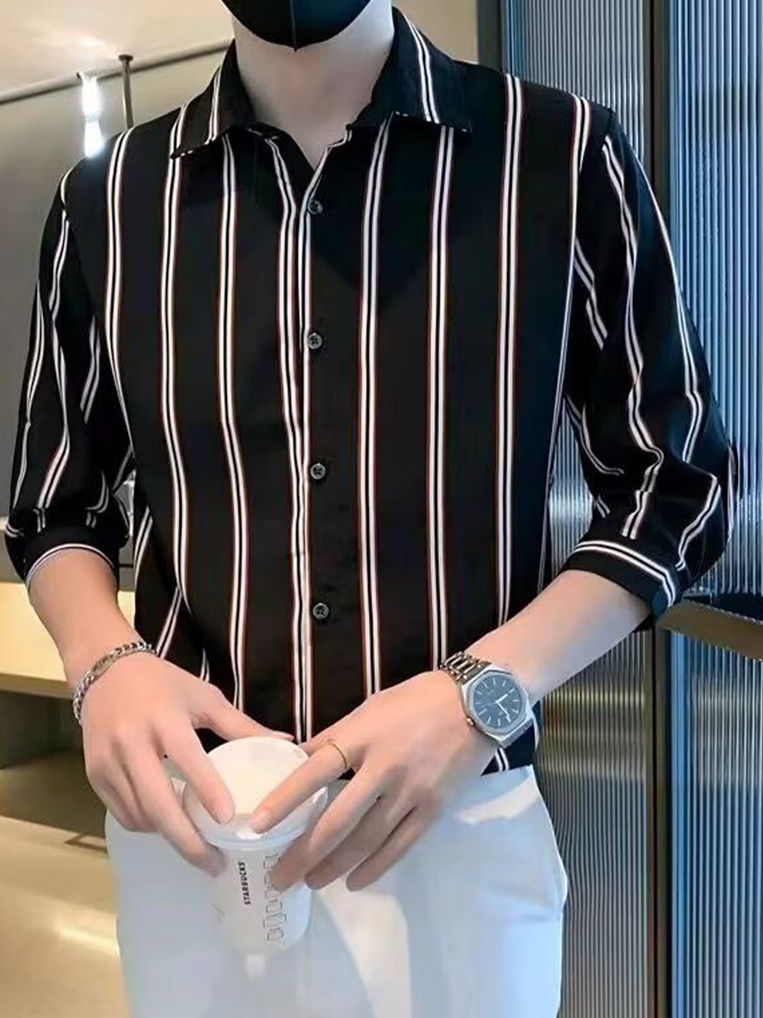 

StyleCast Men Opaque Striped Casual Shirt, Black