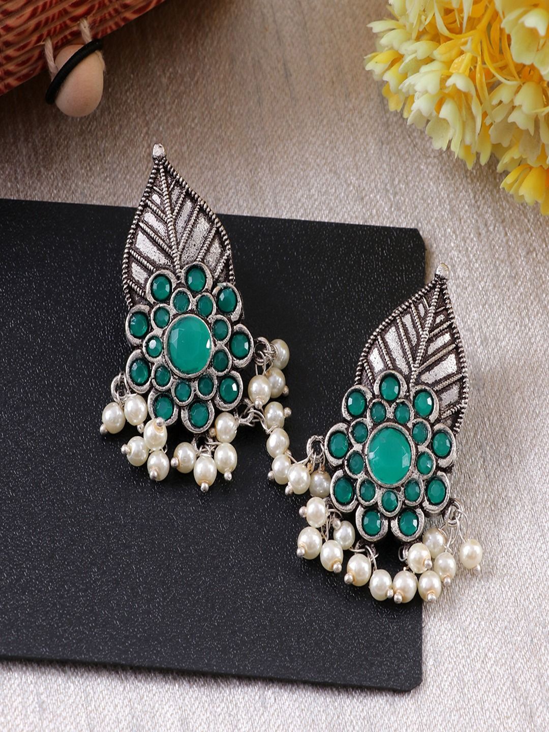 

Sangria Crystals Studded & Pearls Beaded Leaf Shaped Oxidised Drop Earrings, Silver