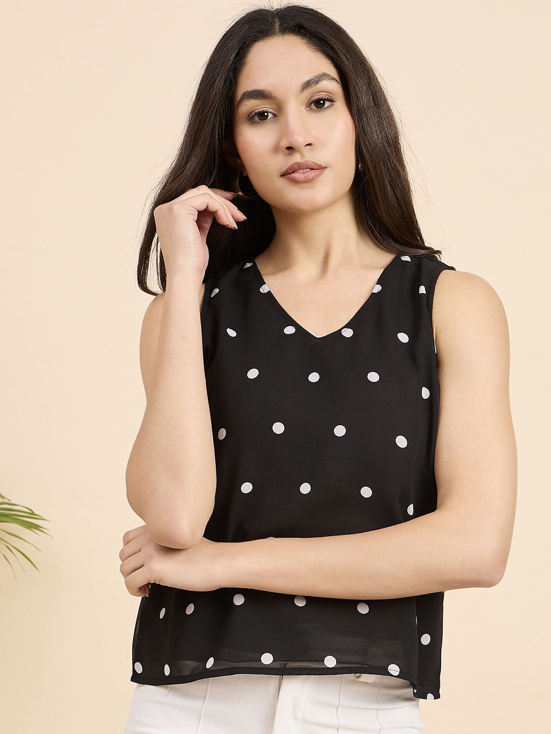 

Mast & Harbour Polka Dot Print Georgette Crop Top, Black