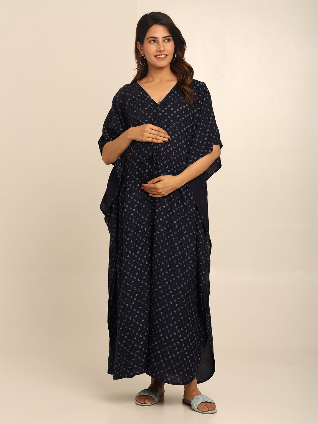

CRAFTBAZAR Floral Print Maternity Kaftan Maxi Dress, Blue