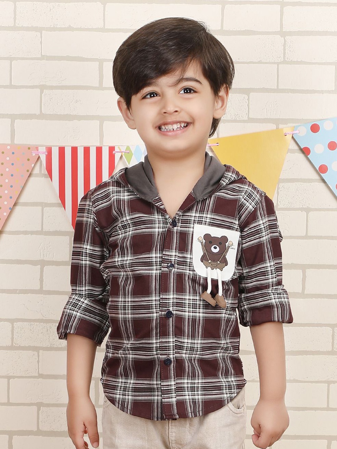 

Polka Tots Boys Tartan Checks Opaque Printed Casual Shirt, Brown