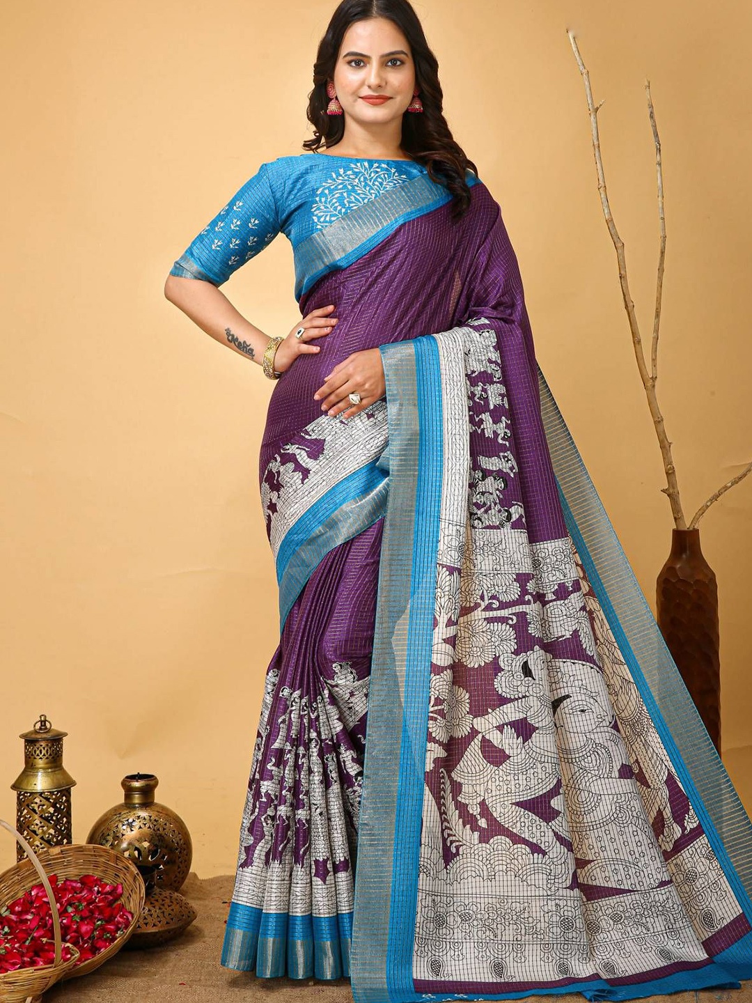 

DIVASTRI Checked Zari Pure Cotton Kanjeevaram Saree, Purple