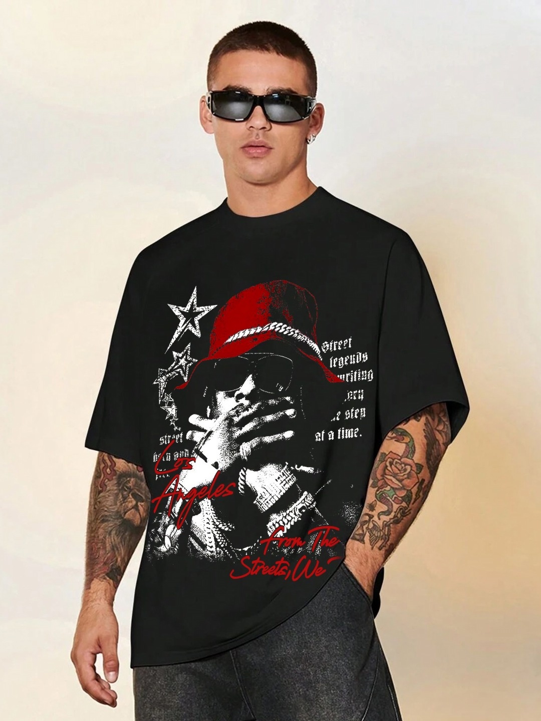 

JUMPCUTS Men Photographic Printed Round Neck Cotton T-shirt, Black